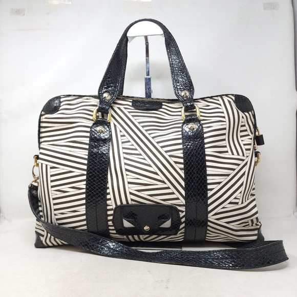 Henri Bendel Laptop Bag Disturbed Stripe Brown Black Canvas Leather Briefcase - Picture 2 of 16